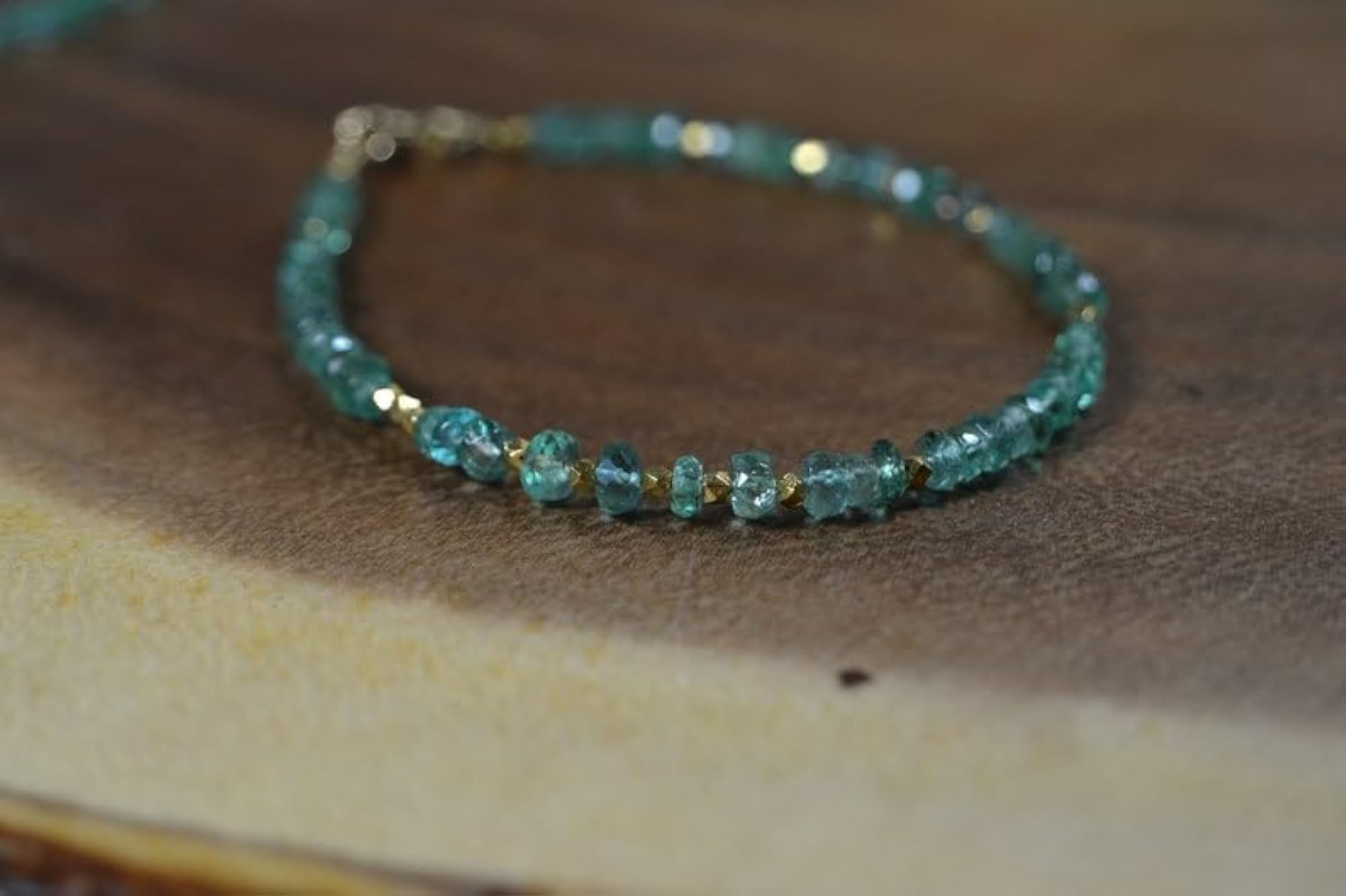 Emerald Quartz Rondelle Beaded Bracelet with Gold Lock, Adjustable